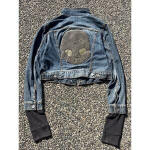Custom Alien Skull embellishment patch Jean jacket punk denim blue cropped large